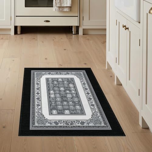 3'x5' Charcoal Gray Cat Motif with Vine Border Washable Throw Rug