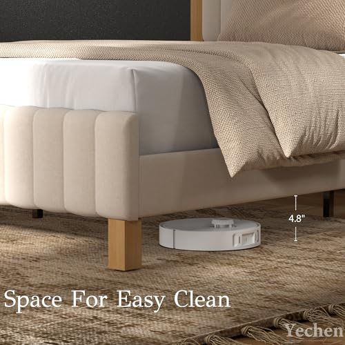 Queen Bed Frame with Headboard, Solid Wood Bed Frame Queen Size, Platform Bedframe Noise Free, No Box Spring Needed, Beige Linen