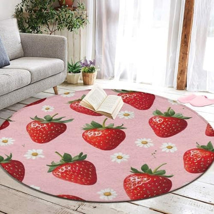 Large Machine Washable Circular Rugs, Home Decor Round Mat for Living Room Sofa Office Daisy Floral Pink Strawberry