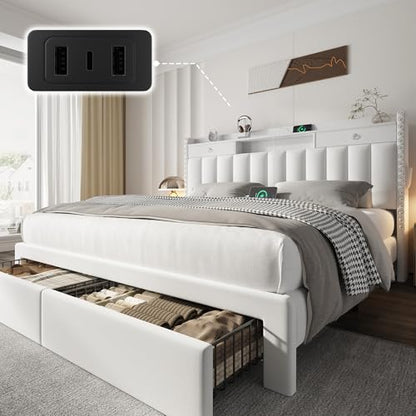 Queen Bed Frame with Headboard ＆ 4 Storage Drawers & White Gift
