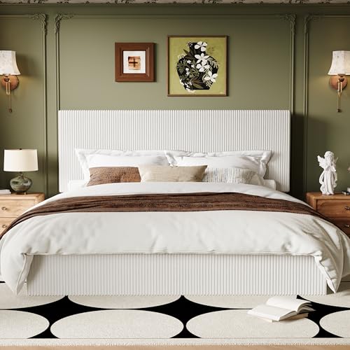 King Bed Frame, Adjustable Corduroy Headboard, Platform, White