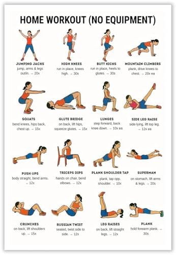 No Equipment Home Workout Poster, 16 Illustrated Full-Body Bodyweight Training Chart with Rep & Timing Guides, Beginner Friendly Full Physique Fitness Reference for Indoor Daily Cardio & Strength Building Routine(20x30inchs，Unframed)