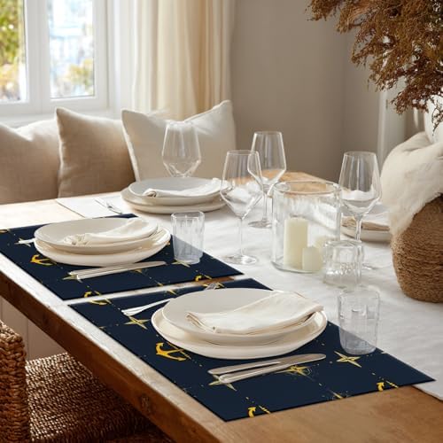 Shrahala Maritime Sea Sailing Symbols Set of 8 12 X 18 Inch Linen Placemats, Navy Blue Nautical Seamless Pattern Burlap Table Mat Washable Double Layered Heat Insulation for Indoor/Outdoor