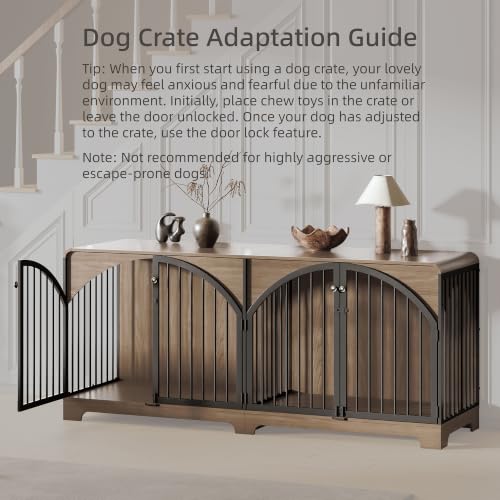 78" Farmhouse Dog Crate Furniture for 2 Large Dogs,Double Door Wooden Dog Kennel with Divider, Decorative Pet House End TV Stand for Living Room,Light Walnut