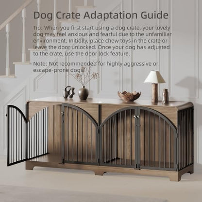 78" Farmhouse Dog Crate Furniture for 2 Large Dogs,Double Door Wooden Dog Kennel with Divider, Decorative Pet House End TV Stand for Living Room,Light Walnut