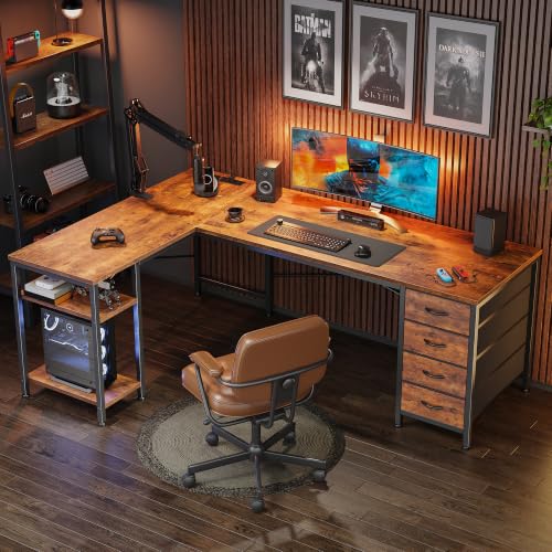 55 Inch L Shaped Desk with Fabric Drawers, Reversible Computer Gaming Desk with Power Outlets and USB-C Port, Adjustable Side Storage Shelves, for Work Corner Home Office, Rustic Brown