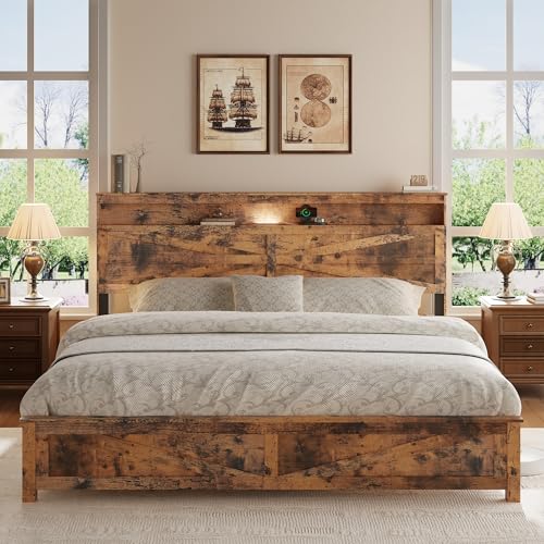 King Size Farmhouse Wooden Bed Frame with Storage Headboard