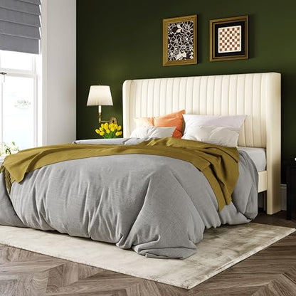 Full Size Velvet Bed Frame/Vertical Channel Tufted Wingback Headboard/Upholstered Platform Bed/Strong Wooden Slats/No Box Spring Needed/Easy Assembly/Cream White