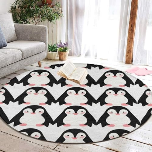Circular Rugs Large Modern Round Area Rug Fashion Decor Mat for Home Office Animals Black and White Penguins Print