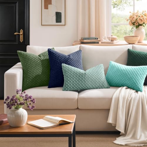 Kevin Textile Soft Corduroy 24x24 Inch Pillow Covers 2 Pack, Navy Blue | Boho Stripe Plush Corduroy Decorative Throw Cushion Euro Pillow Cases Modern Farmhouse Home Decor for Sofa Couch Bed