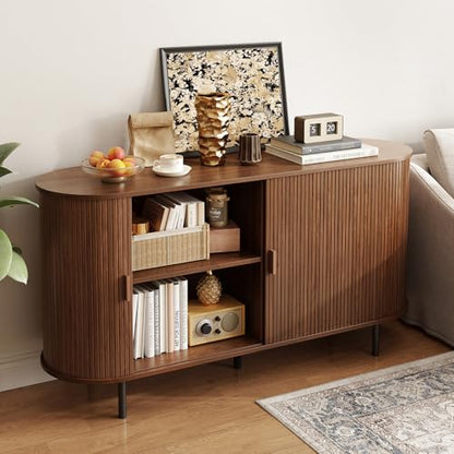 55" Sideboard Buffet Cabinet with Storage, Sliding Door & Adjustable Shelf, Modern Accent Coffee Bar Console Table for Kitchen, Entryway, Walnut