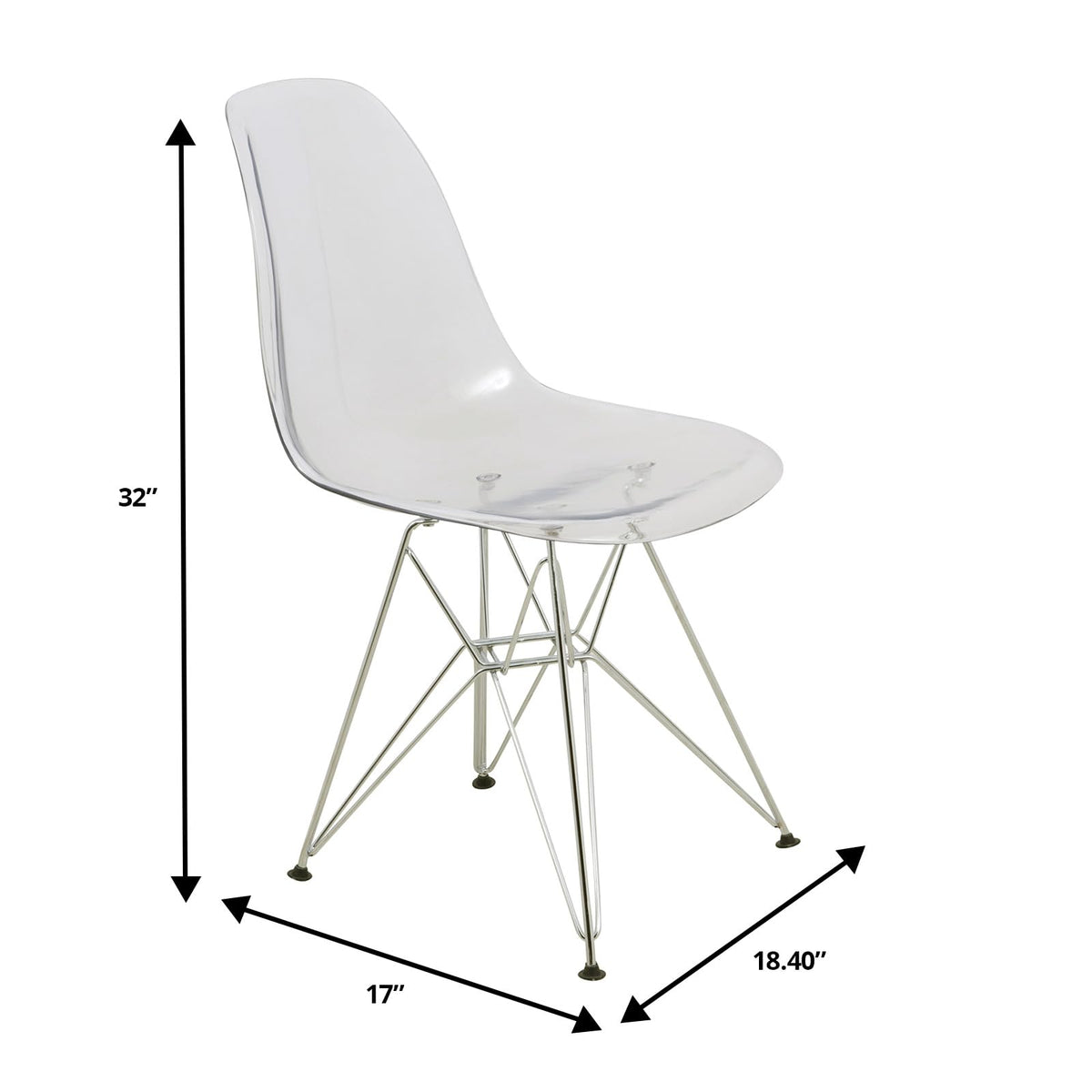 Dining, Modern Chrome Eiffel Base and Curved Back Design, Ergonomic and Lightweight Accent Side Chair for Mid-Century Home, Kitchen, and Café (Clear, Singles)