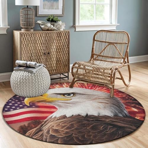 Large Round Area Rug Home Decor Modern Bathroom Rug Kitchen Office Circle Rug for Living Room Sofa Circle Cute Mat Bald Eagle American Flag Fireworks Art, 36inch