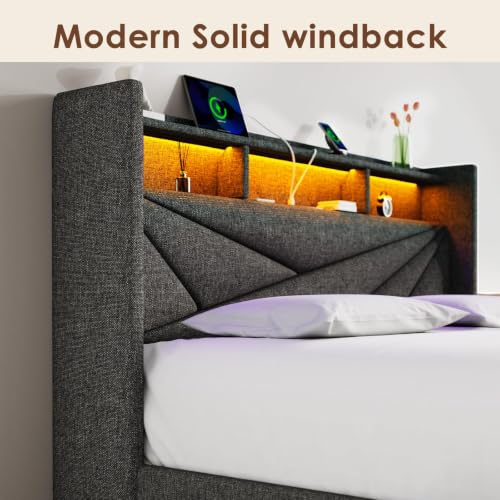 King Size Bed Frame with 2 Storage Drawers,Upholstered Headboard | LED Light, Charging Station, No Box Spring Needed, Easy to Assemble, Dark Grey