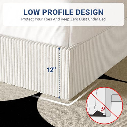 King Bed Frame, Adjustable Corduroy Headboard, Platform, White