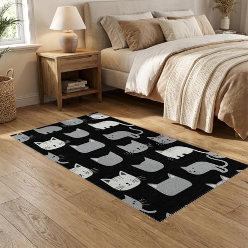 5'x7' Midnight Black Cat with Silver Accents Washable Area Rug