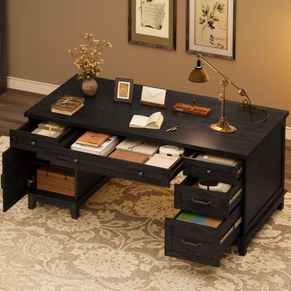 Farmhouse Executive Desk with File Drawers, 60 in Home Office Desk with Charging Station, Wooden Computer Desk with Cabinet Storage for Work Study Writing, Rustic Black