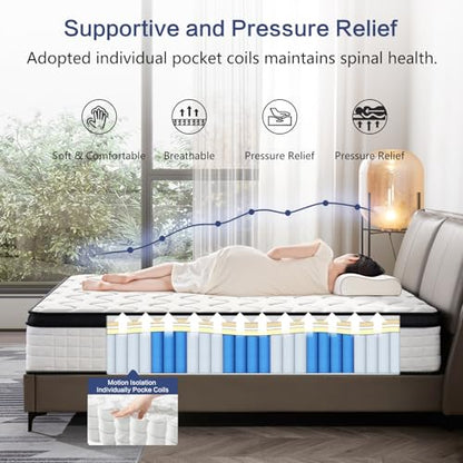 12 Inch King Hybrid Mattress, Memory Foam and Spring Construction, with Edge Support, Motion Isolation & Pressure Relief, Breathable & Eco-Friendly, Easy Setup