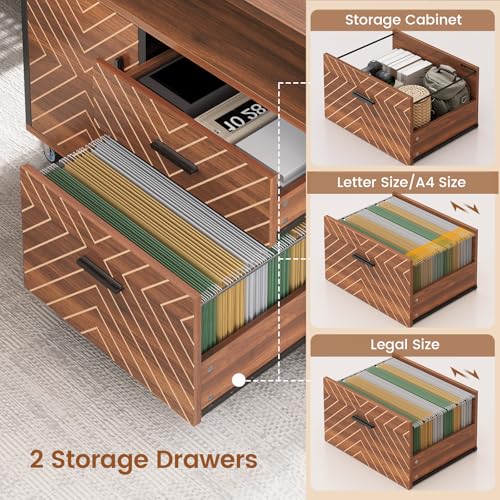 71" Executive Desk with Rolling File Cabinet, Large Office Desk with Drawers, L Shaped Computer Desk with Power Outlets, CPU Stand, Pegboard and Storage Shelves, Brown