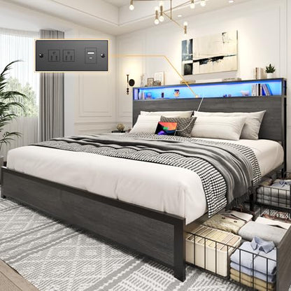 King Bed Frame with 2-Tier Storage Headboard, Metal Platform Bed Frame with 4 Storage Drawers, Built in Charging Station & LED, Noise-Free/Metal Support/No Box Spring Needed, Rustic Grey