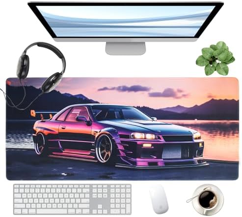 JDM Car R34 Large Mouse Pad, 35.4" x 15.7" Japanese Car Purple Sea Cool Desk Mat Computer Accessories Gaming Office Organizers Supplies Decor Essentials Keyboard Pads for Desk Rubber