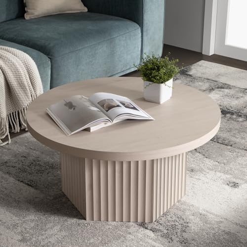 Round Coffee Table for Living Room, 32" Circle Modern Fluted Center Coffee Table with Storage, Mid Century Accent Tea Dining Table for Small Space, Apartment, White Alder