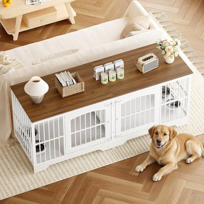74.8” Dog Crate Furniture for 2 Dogs, Wooden Dog Kennel Indoor with Dog Bowls, Extra Large Double Doors Dog Crate TV Stand, Dog Kennel with Divider, White and Walnut