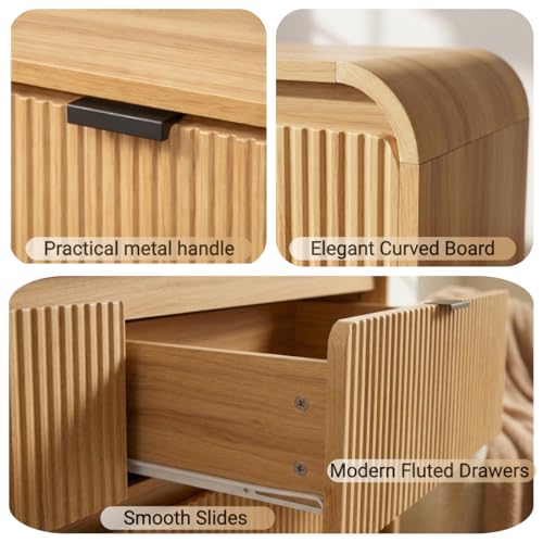 Fluted 8 Drawers Dresser for Bedroom, 55" Wide Wooden Dresser with Metal Handle, Curved Profile Design, Modern Storage Organizer for Bedroom, Living Room, Hallway, Natural Oak
