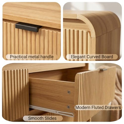 Fluted 8 Drawers Dresser for Bedroom, 55" Wide Wooden Dresser with Metal Handle, Curved Profile Design, Modern Storage Organizer for Bedroom, Living Room, Hallway, Natural Oak