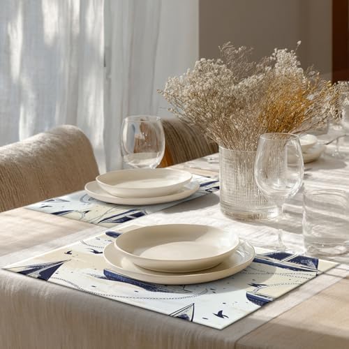 Shrahala Maritime Ocean Set of 6 12 X 18 Inch Linen Placemats, Boat Nautical Elements Burlap Table Mat Washable Double Layered Heat Insulation for Indoor/Outdoor