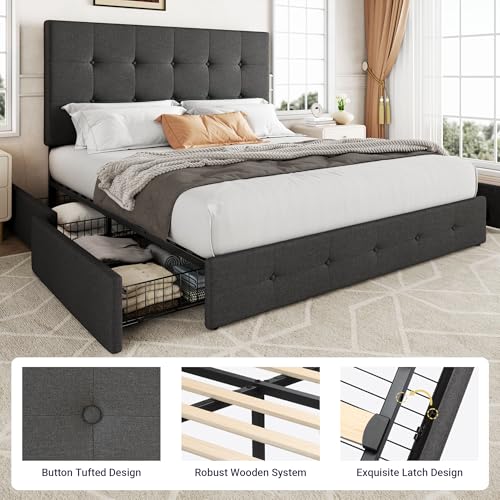 Upholstered Queen Size Platform Bed Frame with 4 Storage Drawers and Headboard, Square Stitched Button Tufted, Mattress Foundation with Wooden Slats Support, No Box Spring Needed, Dark Grey