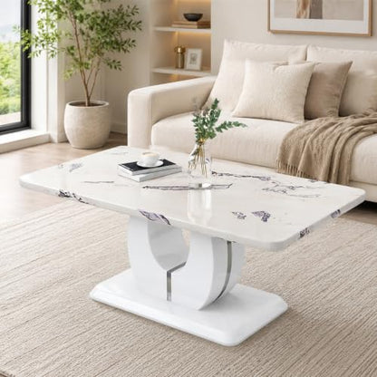 43" Rectangle Modern Faux Marble Coffee Table for Living Room, White | 1.4" Thick Top, Rectangular MDF Wood Center Table for Apartment, U-shaped Pedestal Base, Easy Assembly, Scratch Resistance