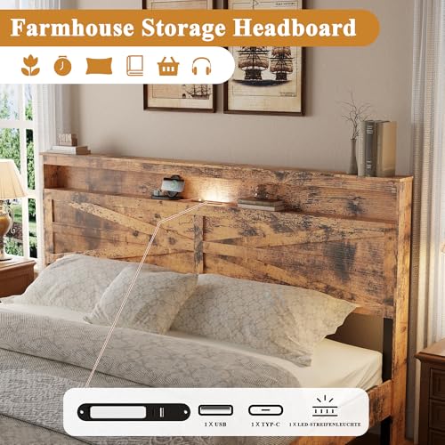 King Size Farmhouse Wooden Bed Frame with Storage Headboard