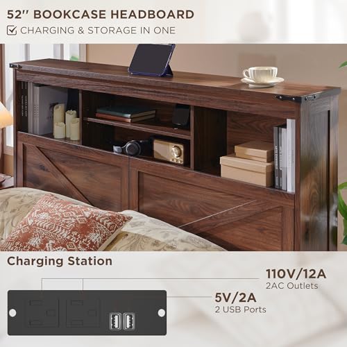 Farmhouse King Bed Frame, 52-Inch LED Storage Headboard, Brown