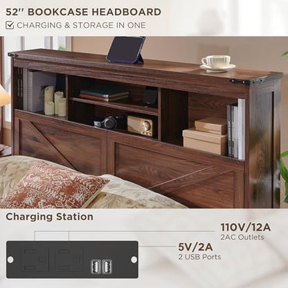 Farmhouse King Bed Frame, 52-Inch LED Storage Headboard, Brown