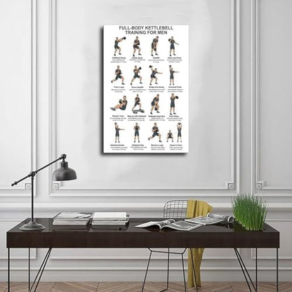 Kettlebell Workout Chart Full Body Kettlebell Exercises for Men Workout Upper Lower Body Strength Training Canvas Poster Bedroom Decor Room Decor Frame 12x18inch