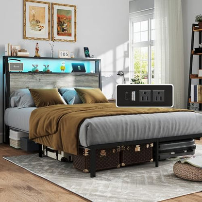 Queen Size Bed Frame with 2-Tier Storage Headboard, Rustic Grey | Wooden headboard with LED lights, built-in charging station, No Box Spring Needed, Noise Free, Easy Assembly, Modern Bedroom