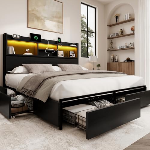 King Storage Bed Frame with 6 Drawers, USB Charging Station, No Noise, No Box Spring Required, Vintage Black Headboard Platform Bed