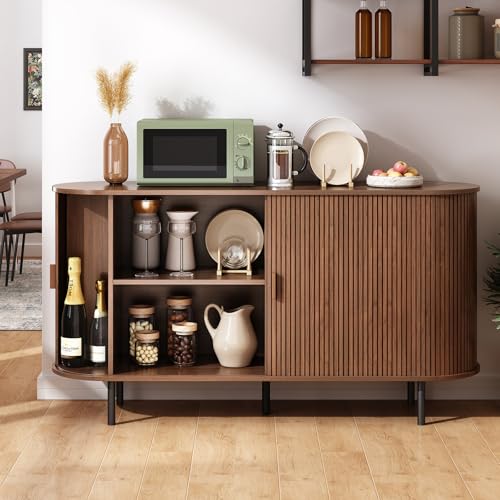 55" Sideboard Buffet Cabinet with Storage, Sliding Door & Adjustable Shelf, Modern Accent Coffee Bar Console Table for Kitchen, Entryway, Walnut