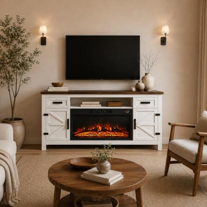 Fireplace TV Stand with Barn Door, 70 inch, White