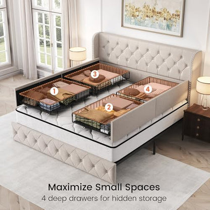 King Size Bed Frame with 4 Storage Drawers and 47.2" Tall Tufted Headboard Linen Upholstered Platform Bed Frame Wingback Beds with Wooden Slats Support, Easy Assembly, Beige