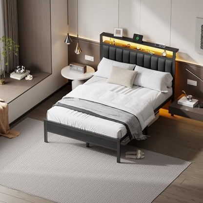 Queen Size Bed Frame with Charging Station and LED Lights