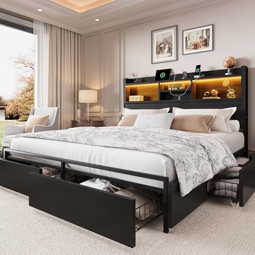 King Size Bed Frame with 6 Storage Drawers and Headboard Wooden Platform Bed Frame with LED Lights and Charging Station Easy Assembly/No Box Spring Needed/Black