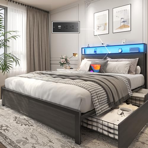 Queen Bed Frame with 2-Tier Storage Headboard, Metal Platform Bed Frame with 4 Storage Drawers, Built in Charging Station & LED, Noise-Free/Metal Support/No Box Spring Needed, Rustic Grey