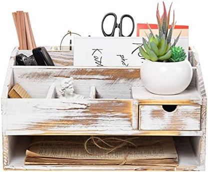 Wood Desk Drawer Organizers with File Organizer Pen holder Office Decor combo Organization Home Can Arrange calculators scissors pens note papers, etc. (washed white)
