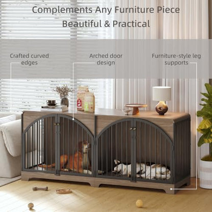 78" Farmhouse Dog Crate Furniture for 2 Large Dogs,Double Door Wooden Dog Kennel with Divider, Decorative Pet House End TV Stand for Living Room,Light Walnut