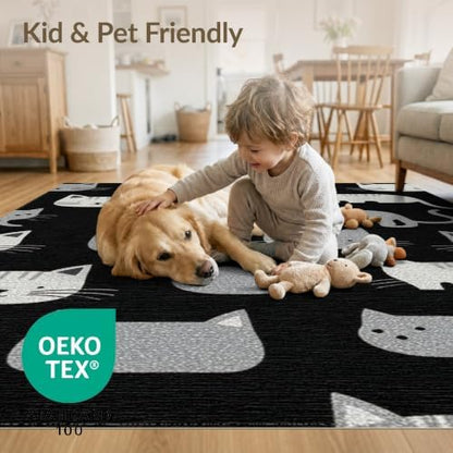 5'x7' Midnight Black Cat with Silver Accents Washable Area Rug