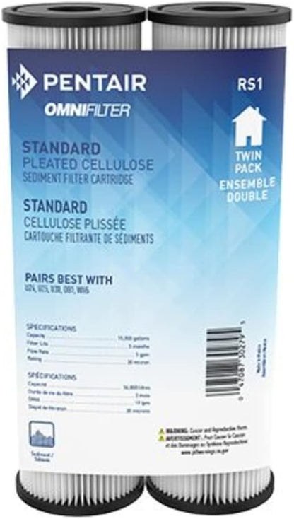 Pentair OMNIFilter RS1 Sediment Water Filter, 10-Inch, Standard Whole House Pleated Cellulose Sediment Replacement Filter Cartridge, 10" x 2.5", 20 Micron, Pack of 2
