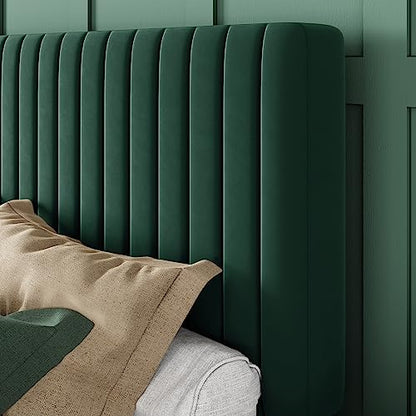 Queen Bed Frame, Velvet Upholstered Platform Bed with Adjustable Vertical Channel Tufted Headboard, Mattress Foundation with Strong Wooden Slats, Box Spring Optional, Easy Assembly, Green
