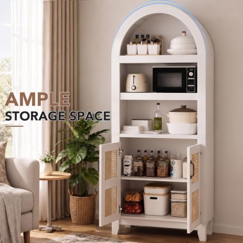71" Arched Storage Cabinet, Modern Farmhouse Wooden Bookcase with Adjustable Shelves – Versatile Kitchen Pantry, Living Room Display, and Bedroom Storage (White)